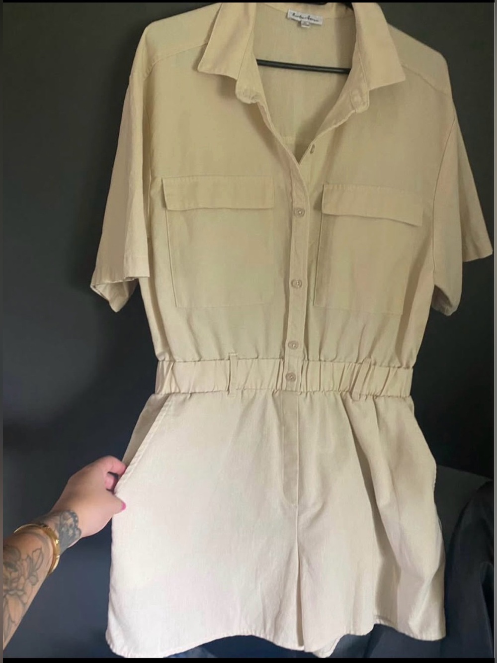 Beige Short-Sleeve Utility Romper with Elastic Waist